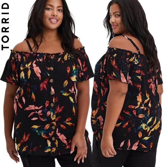 NWOT Torrid Smocked Cold Shoulder Gauze Leaf Top, Torrid 0 / Large - Picture 1 of 9